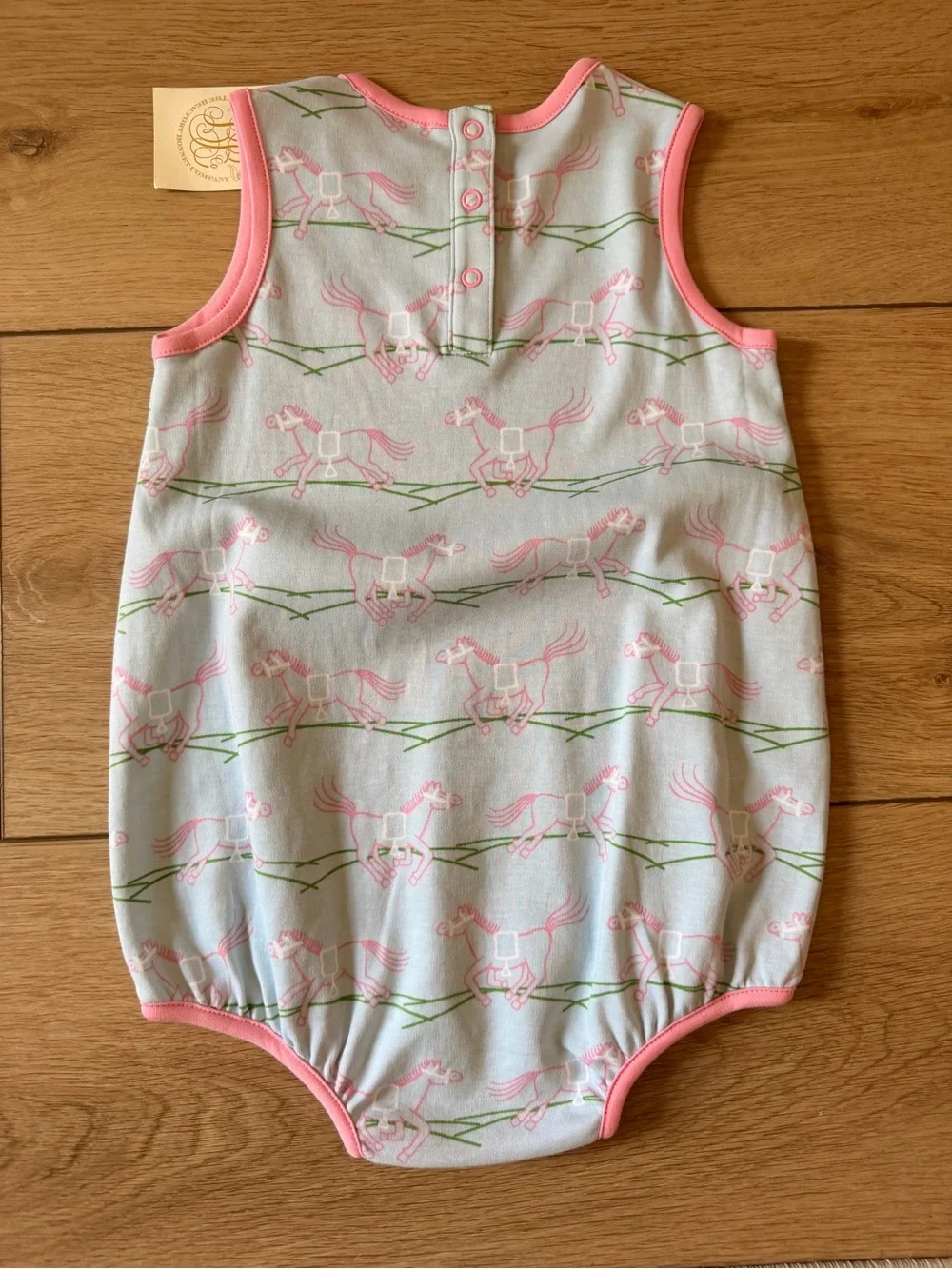 The Beaufort Bonnet Company Light Blue and Pink Horse Print One-Piece